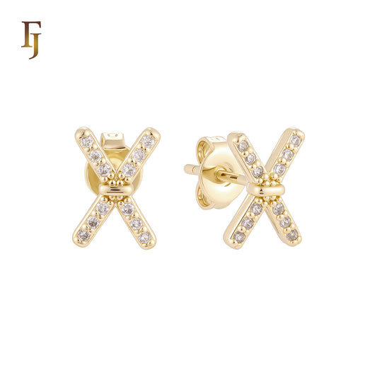 X cross of white Czs 14K Gold, Rose Gold Stud Earrings