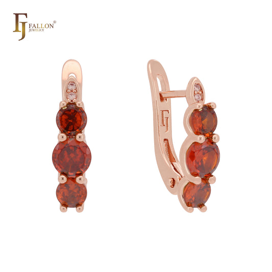 Compact Triple rounded Scarlet Red CZs Rose Gold 14K Gold, Rose Gold Russian Lock Earrings