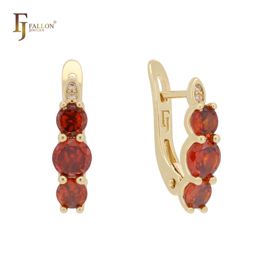 Compact Triple rounded Scarlet Red CZs Rose Gold 14K Gold, Rose Gold Russian Lock Earrings