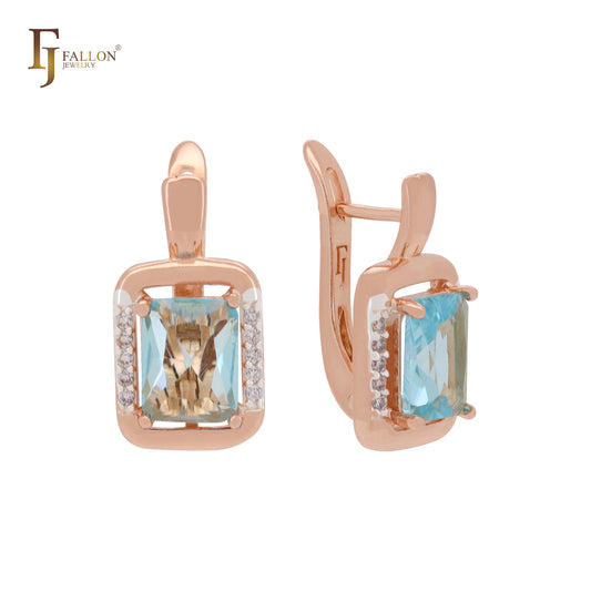 Squared emerald cut lake blue CZ halo Rose Gold Russian Lock Earrings