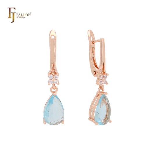 Solitaire pear shape teardrop drop lake blue Rose Gold CZ Russian Lock Earrings