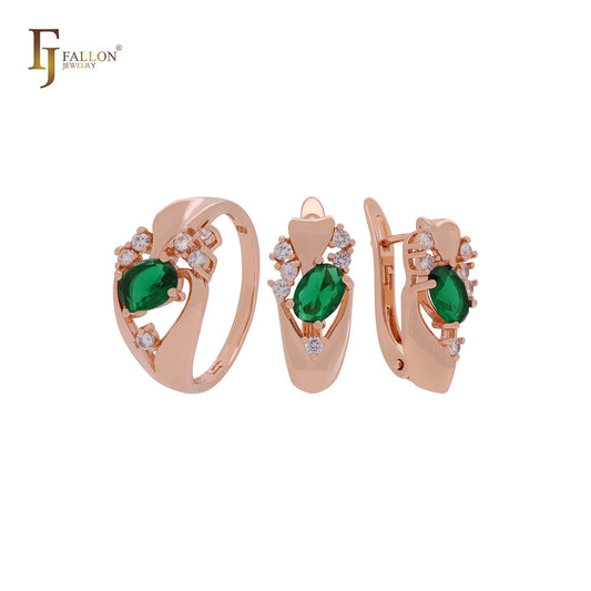 Lujoso conjunto de joyas de oro rosa con circonitas blancas, esmeralda o café y anillos.