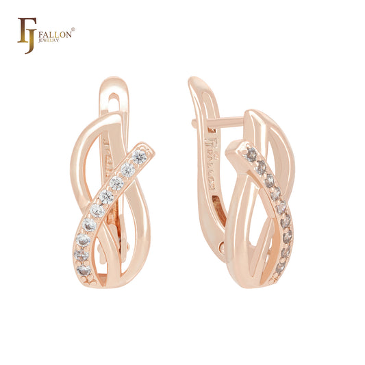Leave crossing ribbon of white CZs Rose Gold Russian Lock Earrings