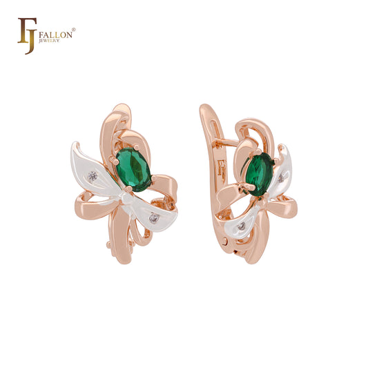 Ribbon of flower and leaves luxurious Emerald Green Rose Gold two tone Russian Lock Earrings
