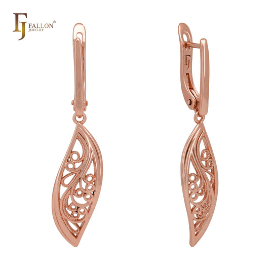 Leaves of filigree drop Rose Gold Russian Lock Earrings