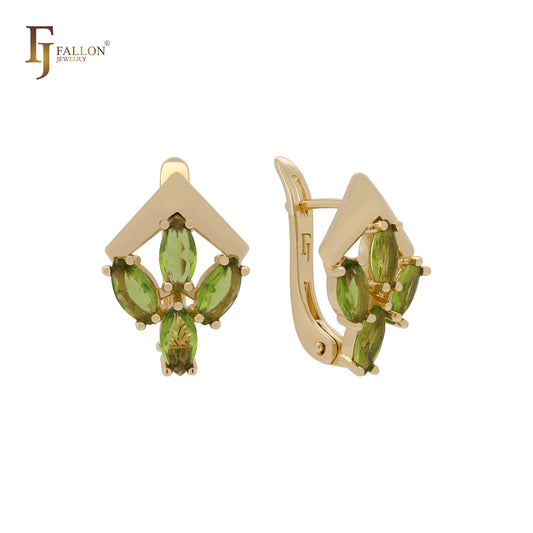 Blooming Olive Green cluster CZs Rose Gold Russian Lock Earrings