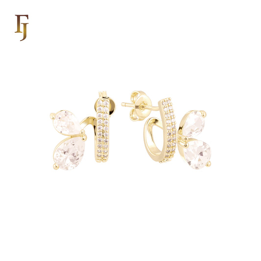 Geometric paved white CZs with double white CZs 14K Gold, Rose Gold Stud Earrings