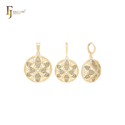 Conjunto de joias de ouro 14K com pingente e círculo de estrela hexagonal branco CZS