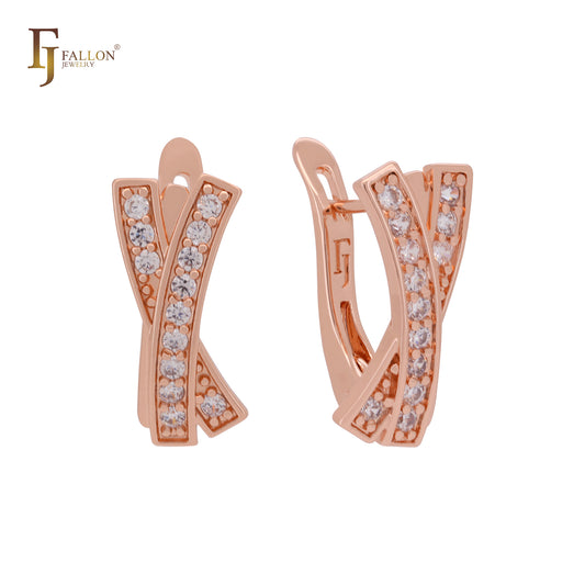 Interlock crossing white CZs bands Rose Gold Russian Lock Earrings