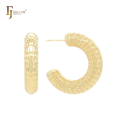 椭圆形珠子纹理 C 形环 14K 金、玫瑰金、白金耳钉