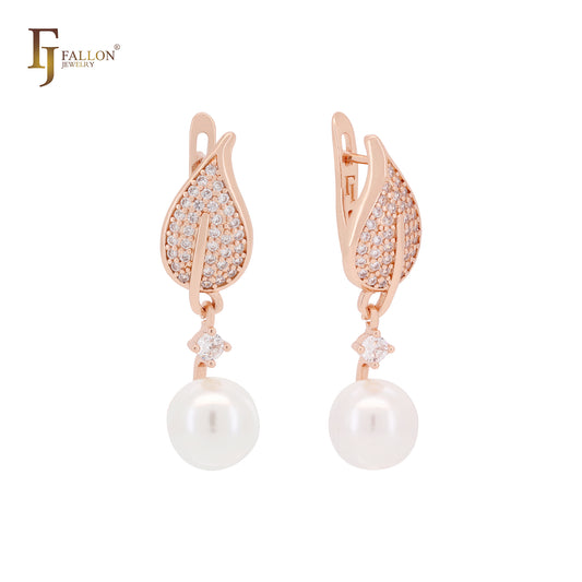 Leaves and Pearl cluster white CZs Rose Gold Russian Lock Earrings