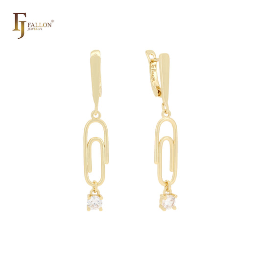 Paperclip dangling solitaire white CZ 14K Gold, Rose Gold, White Gold Russian Lock Earrings