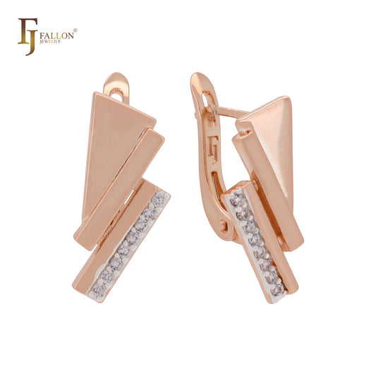 Triangular mixed parallel white CZs geometric Rose Gold two tone Russian Lock Earrings