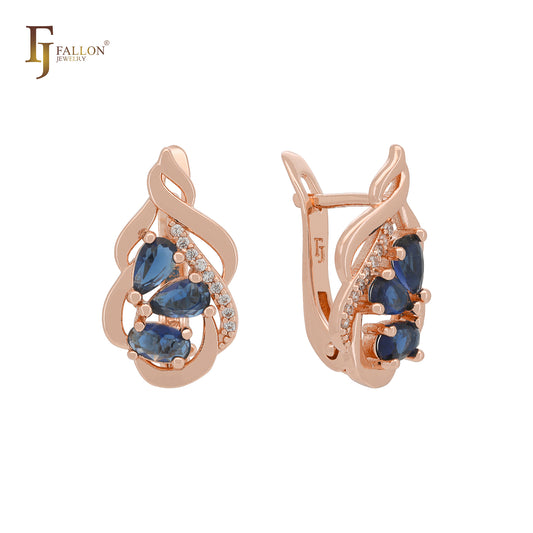 Cluster Blue white CZs Rose Gold Russian Lock Earrings