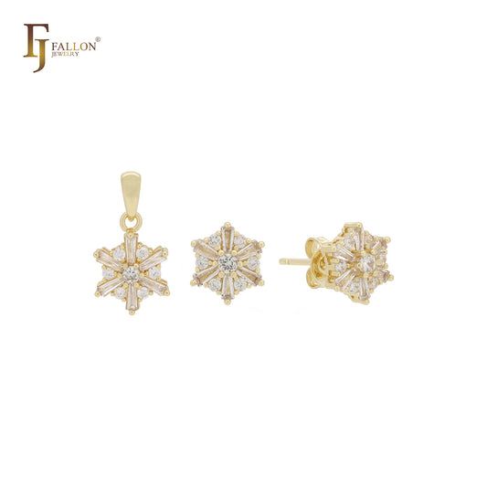 Conjunto de joias de ouro 14K com pingente e zircônias cúbicas brancas em forma de floco de neve