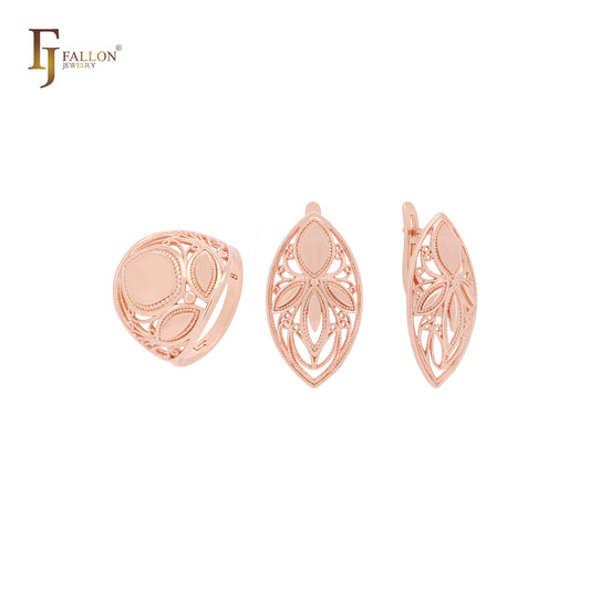Conjunto de joyas de oro rosa con filigrana de marquesa y anillos