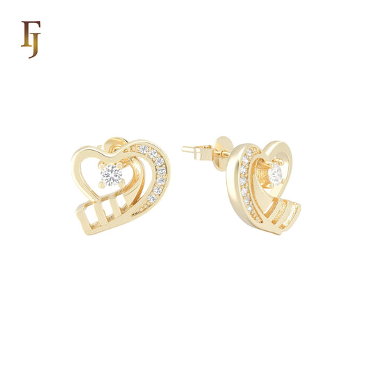Ribbon of heart white CZs 14K Gold Stud Earrings
