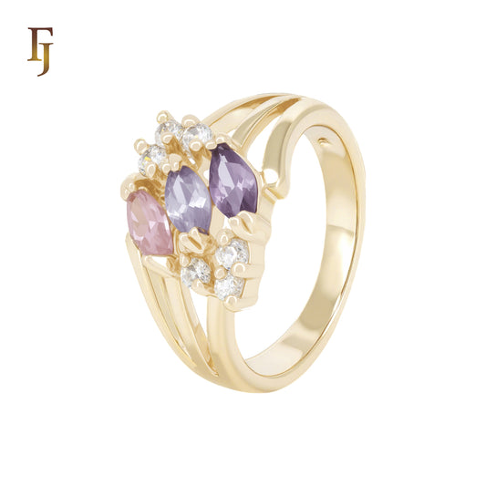 Triple Colorful CZs Marquise Ribbon Rows 14K Gold Fashion Rings