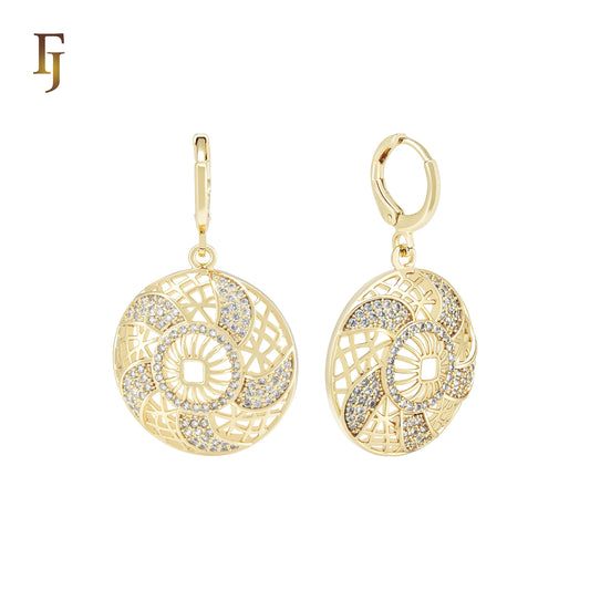 Windmill Fan Spining Snowflake of white CZs 14K Gold Huggie drop Earrings