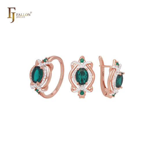 Conjunto de joias luxuosas de ouro rosa com zircônias cúbicas entrelaçadas e anéis