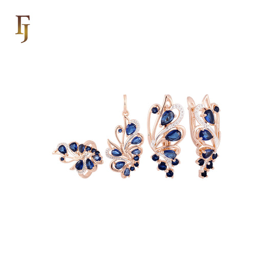 Luxurious Tip of the wing of peacock cluster deep blue Rose Gold two tone Jewelry Set with Rings and Pendant