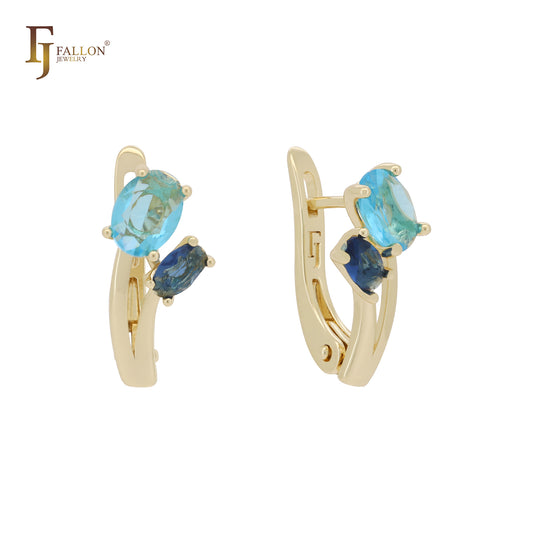 Branch Blooming blue double CZs 14K Gold Russian Lock Earrings