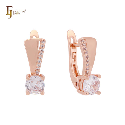 Solitaire and paved white CZs Rose Gold Russian Lock Earrings