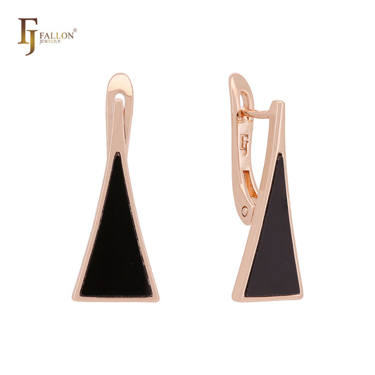 Upwards Black oil painted Triangular shaped Rose Gold Russian Lock Earrings