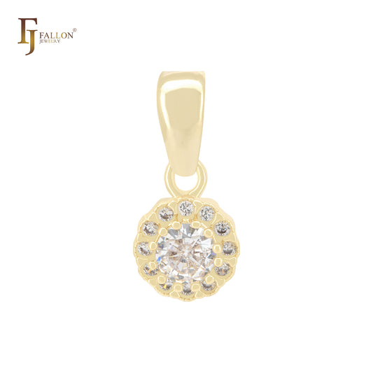 Pingente solitário Halo arredondado com zircônias cúbicas brancas em ouro 14K