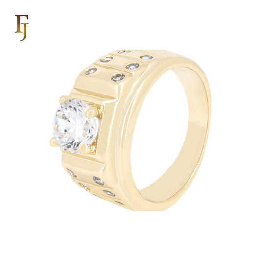 Solitaire White CZ Signet 14K Gold Men's Rings
