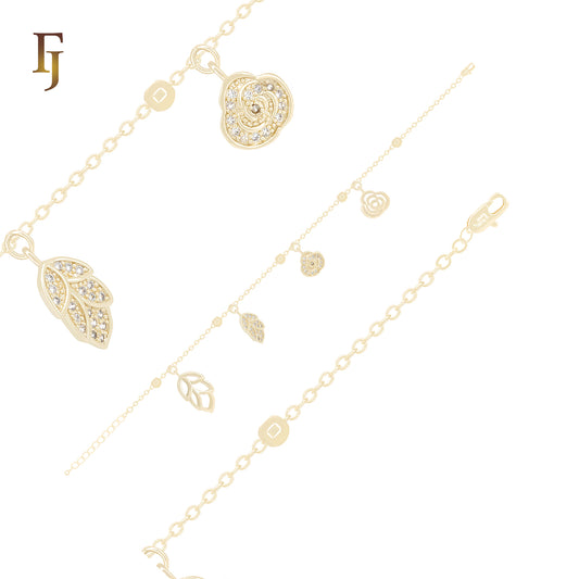 Gold Charm Bracelet – 14K Plated Leaf & Rose Dangle with CZ Accents | Delicate Chain Jewelry for Women by FJ Jewelry