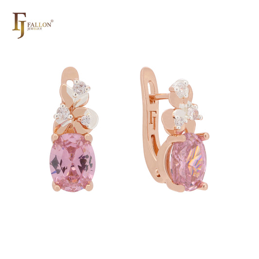 Flora oval cut pink cz solitaire Rose Gold two tone Russian Lock Earrings