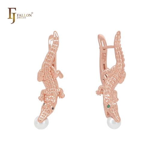 Fashion Crocodile with green CZs Rose Gold Russian Lock Earrings