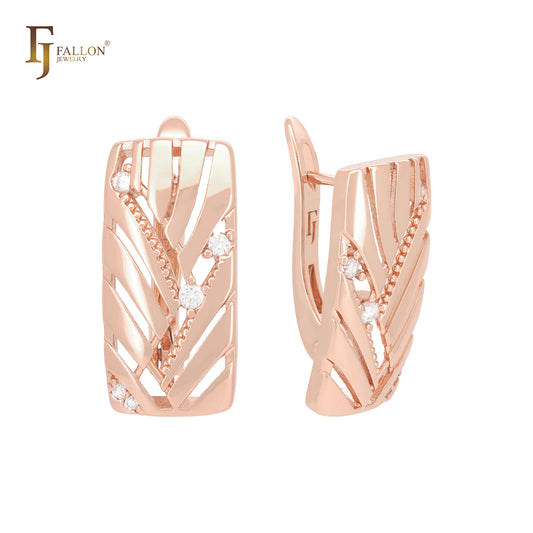 Window of filigree white CZs Rose Gold Russian Lock Earrings