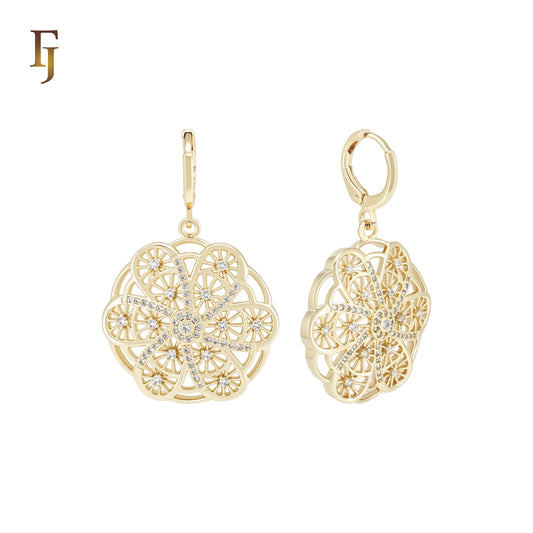 Windmill Fan Spining Snowflake of white CZs 14K Gold Huggie drop Earrings