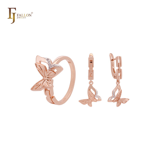 Conjunto de joias luxuosas de dois tons com borboletas duplas em ouro rosa e anéis