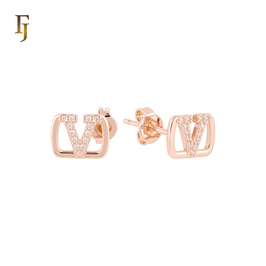 V of Victory white czs paved 14K Gold Stud Earrings