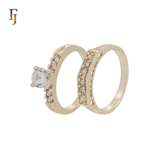 Gold Plated Engagement Ring Set | 6mm Solitaire CZ & Pavé Band | Classic Wedding Jewelry by FJ Jewelry