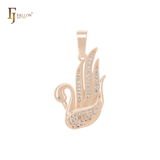 Pingente de animal elegante em ouro 14K com zircônia cúbica branca e cisne