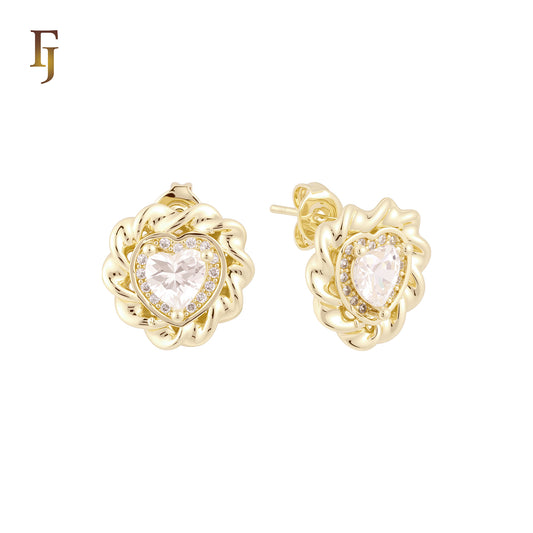 Rounded Spinning ribbon of heart halo white CZs 14K Gold, Rose Gold Stud Earrings