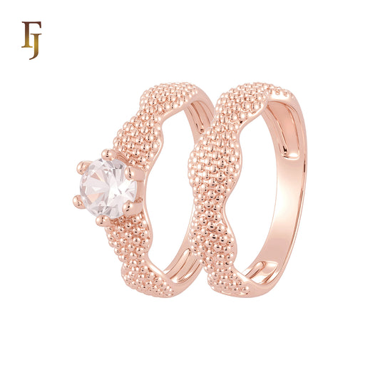 Thousand Beads wavy White CZs 14K Gold, Rose Gold Wedding Set Rings Engagement and Band