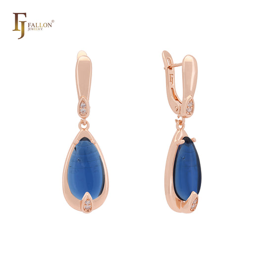 Pear shape Solitaire Colorful drop Stone Rose Gold Russian Lock Earrings