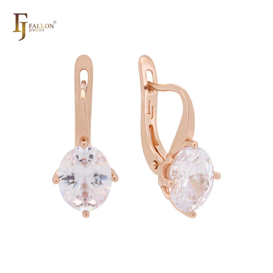 Big Solitaire Oval cut white CZ Rose Gold Russian Lock Earrings