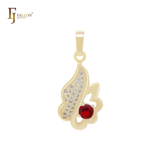 Кулон из золота 14 карат с кластером белых фианитов и красными листьями из фианитов