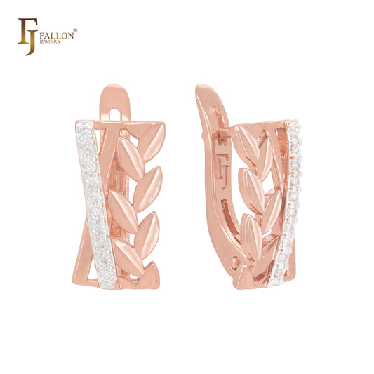 Thousand leaves and white cz band Rose Gold Russian Lock Earrings