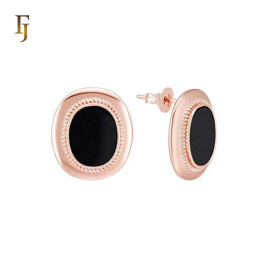 Framed beads oval black onyx mirror Rose Gold Stud Earrings