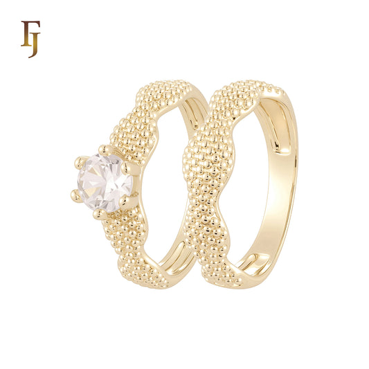 Thousand Beads wavy White CZs 14K Gold, Rose Gold Wedding Set Rings Engagement and Band