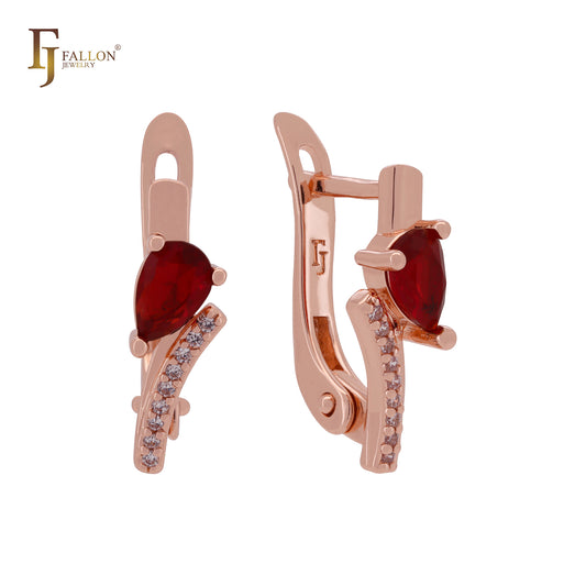 Teardrop Red CZ with white CZs 14K Gold, Rose Gold, White Gold Russian Lock Earrings