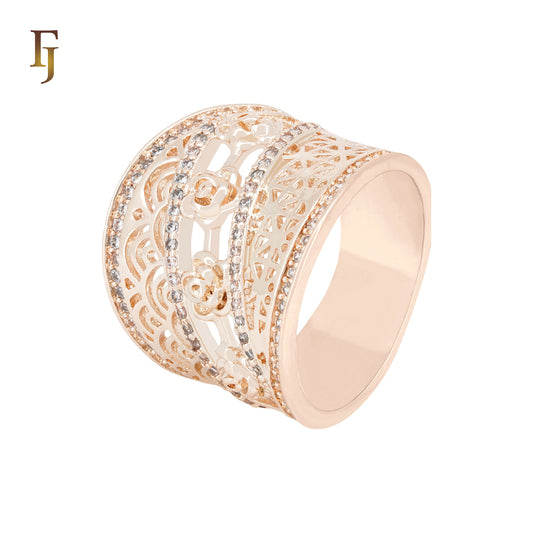 Wide Filigree of white CZs Snowflake Rose Gold Fashion Rings