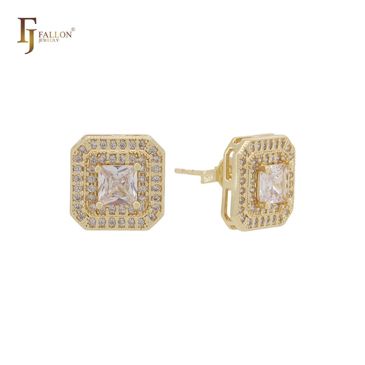 Pendientes de oro de 14 quilates con circonitas blancas cuadradas y doble halo